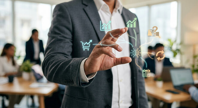 Businessman interacting with digital icons in office