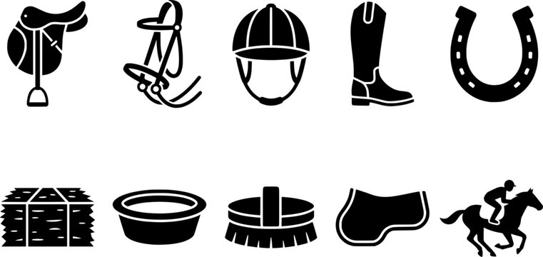 Comprehensive collection of equestrian sport equipment and horse care items in black silhouette icons, perfect for educational materials, website graphics, or veterinary content