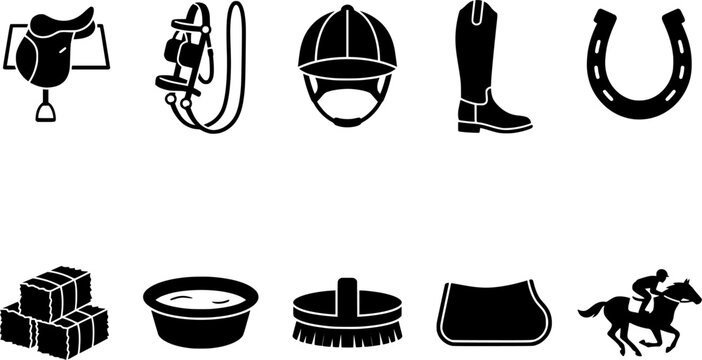 Comprehensive collection of equestrian sport equipment and horse care items in black silhouette icons, perfect for educational materials, website graphics, or veterinary content
