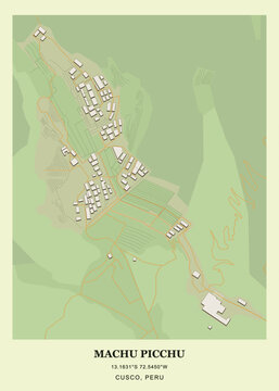 Minimalist architectural site map and topographic layout of Machu Picchu in Cusco, Peru.