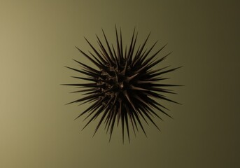 Fototapeta premium Dark brown spiky celestial object floating in a minimal olive green expanse for astronomical conceptual art, abstract background design and modern interior styling