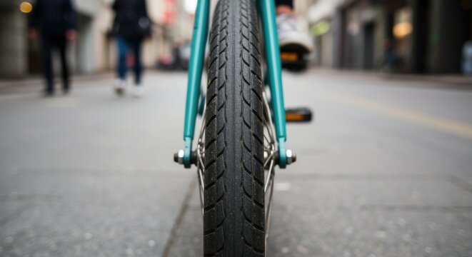 Bicycle wheel and tire tread detail on an urban pavement for micro-mobility marketing, city commuting lifestyle and cycling gear advertising with a blurred background