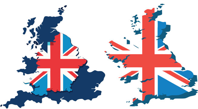 Maps of great britain with united kingdom flag pattern in stylized graphic artistic illustration.