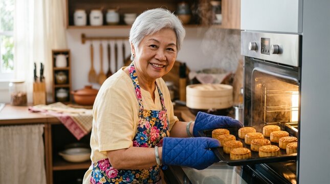 A smiling senior Asian woman taking freshly baked muffins out of the oven in her kitchen