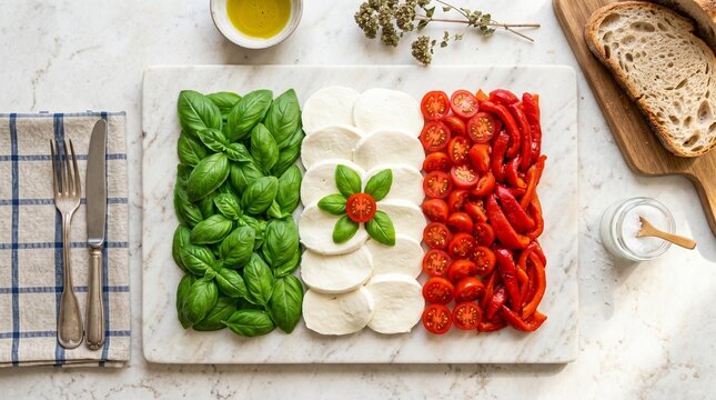 A beautifully arranged Italian flag made of food on a marble cutting board with basil, mozzarella, and tomatoes.