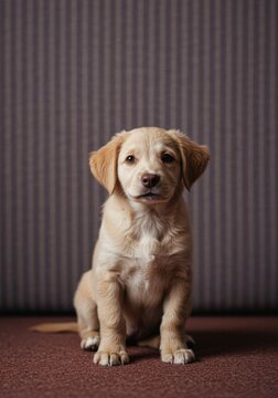 Small light brown puppy sitting attentively against a striped fabric background for pet brand advertising, social media advocacy and animal care wallpaper with copy space