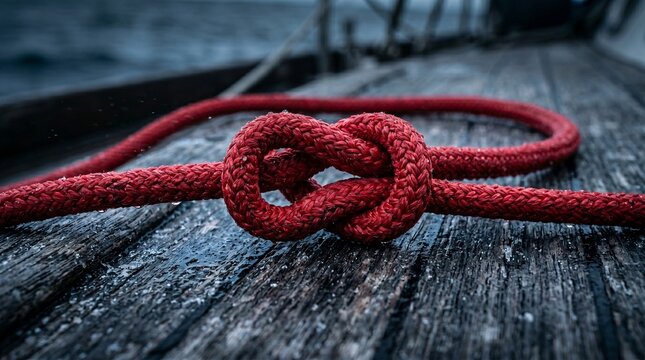 A red rope with a knot tied in it lies on a weathered wooden surface