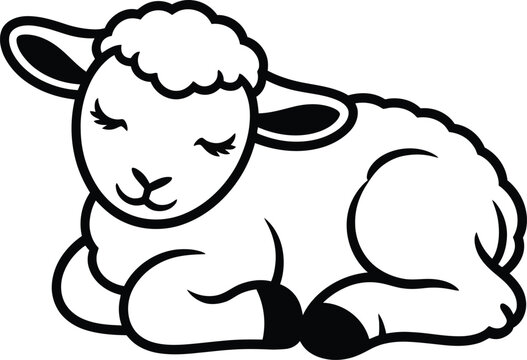 Little sleeping lamb sketch black and white line art vector illustration portrait.