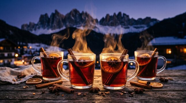 Four steaming mugs of hot mulled wine sit on a wooden table in front of a snowy mountain range at dusk