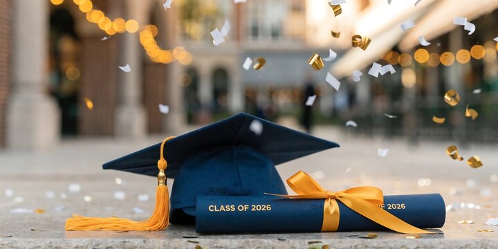 Graduation cap and diploma with confetti and bokeh lights graduation day