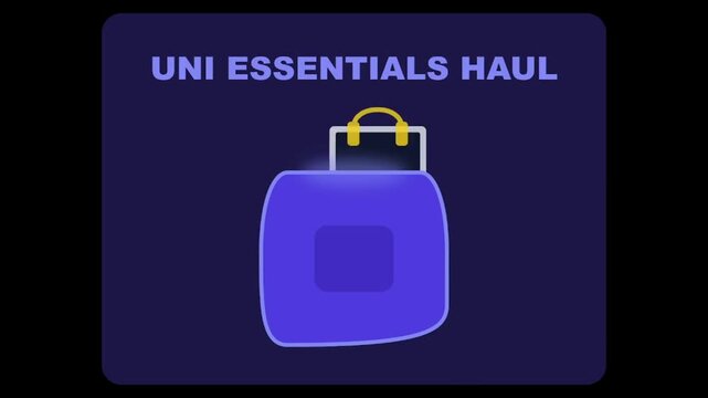 Stylized purple suitcase with UNI ESSENTIALS HAUL text a minimalist flat vector illustration for student travel and university life concepts