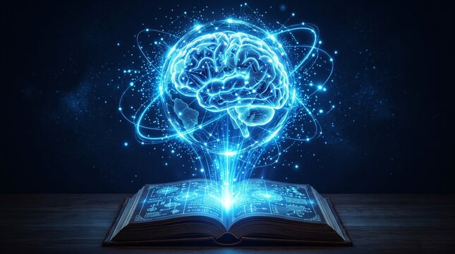 A glowing blue brain emerges from an open book on a dark wooden table