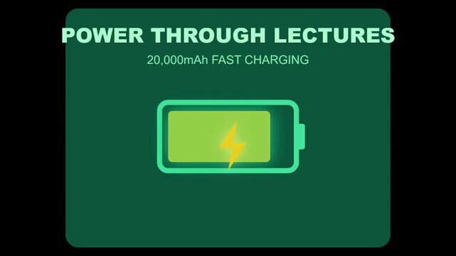 Flat design illustration of a green battery icon with a lightning bolt symbolizing fast charging and extended power for mobile devices ideal for productivity and long usage