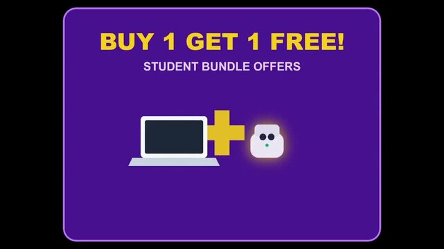 Buy 1 Get 1 Free student bundle offer a vibrant digital marketing promotion featuring a laptop and a unique character icon perfect for educational technology and e-commerce advertisements