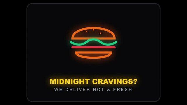 Glowing neon hamburger icon on a dark background perfect for late night food delivery apps and restaurant advertising evoking midnight cravings