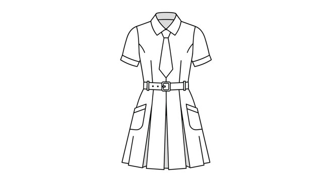 Formal school uniform dress with a pleated skirt, short sleeves, a tie, and a buckled belt is shown in a simple line art drawing.
