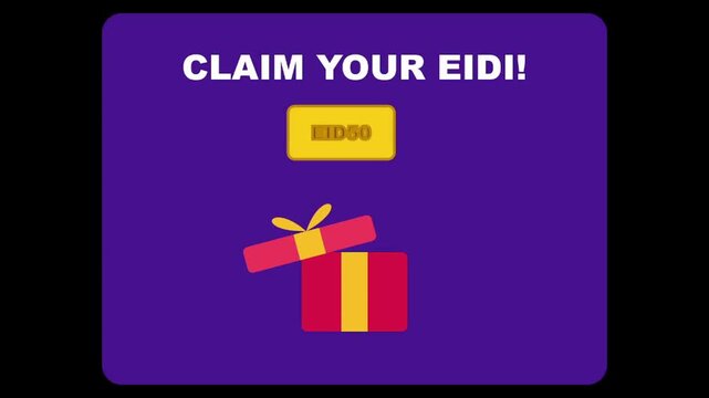 Flat design illustration of a Claim Your Eidi screen with an open gift box and button representing online promotions for Islamic holidays and festive greetings
