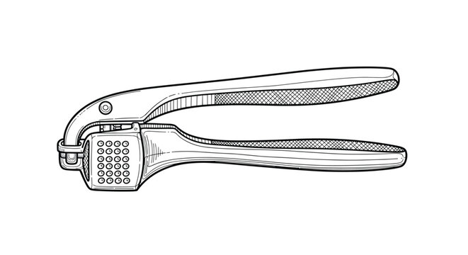 Manual garlic press or nutcracker tool is illustrated in a detailed black and white sketch showing its mechanical handle and pivot point.