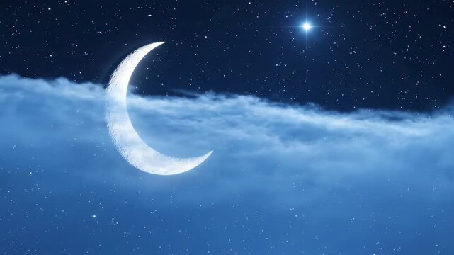 Dreamy crescent moon and the star over a horizontal blue cloud veil, wide starlit night panorama with luminous lunar curve, peaceful celestial scene for sleep, fantasy ambience and soft sky motion