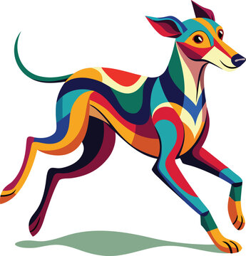 Dynamic running dog illustration in vibrant mosaic geometric style for modern creative projects.