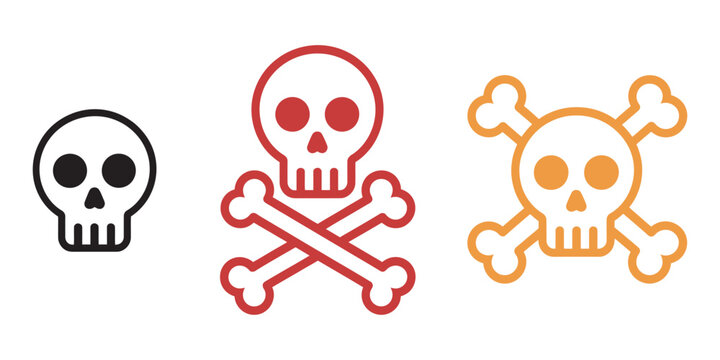 Skull and crossbones symbol set, danger warning death piracy icons, vector illustration collection for hazard communication, warning labels, pirate design assets