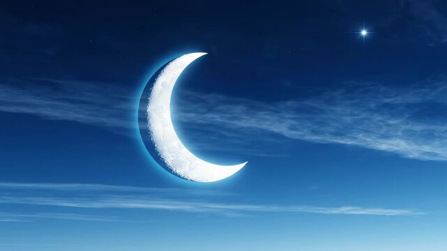 Bright crescent moon and the star across blue predawn sky, luminous lunar curve beside wispy high clouds and soft horizon gradient, elegant celestial background for tranquil night visuals and space