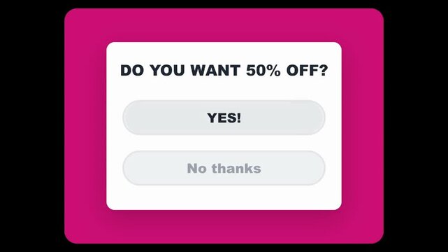 Modern discount offer pop-up dialog box featuring a 50 OFF promotion with Yes and No thanks buttons ideal for e-commerce websites and mobile applications
