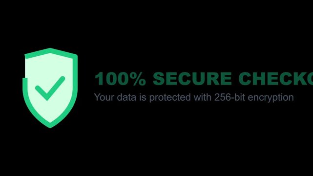 Secure checkout icon with green shield and checkmark indicating 256-bit encryption for data protection ideal for e-commerce websites and online transactions