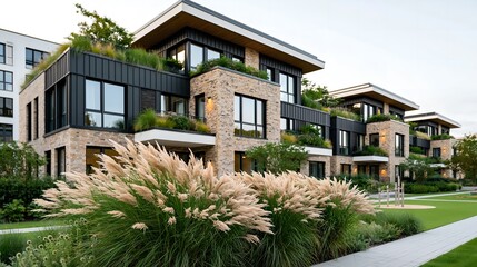 Fototapeta premium Modern homes with green roofs and stone facades. Pampas grass sways in the foreground