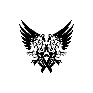 Two tiger heads with wings and floral design face forward symmetrically
