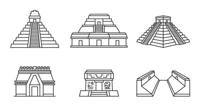Line art illustrations of ancient Mayan and Aztec pyramids, temples, and historical Mesoamerican architecture.