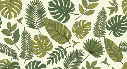 Fototapeta premium Lush seamless tropical pattern with detailed green leaves of various plants and small hovering hummingbirds throughout.