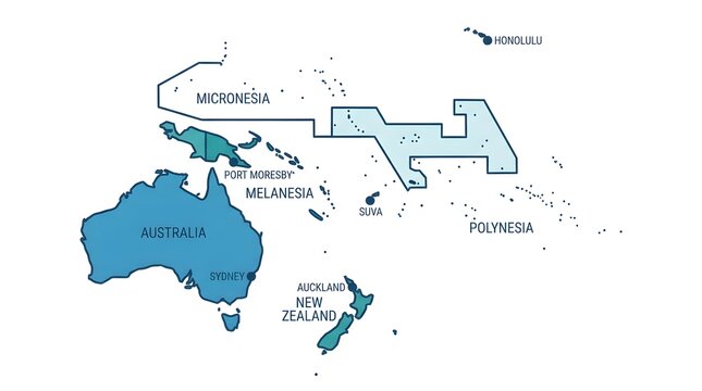 Map of Oceania Australia New Zealand and Pacific Islands with regional divisions and cities