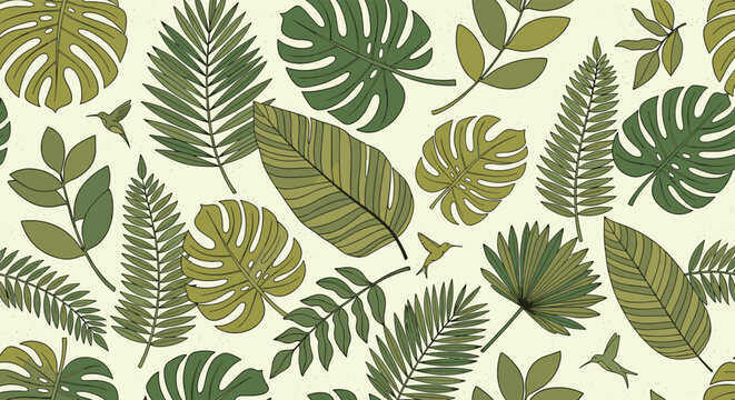 Lush seamless tropical pattern with detailed green leaves of various plants and small hovering hummingbirds throughout.