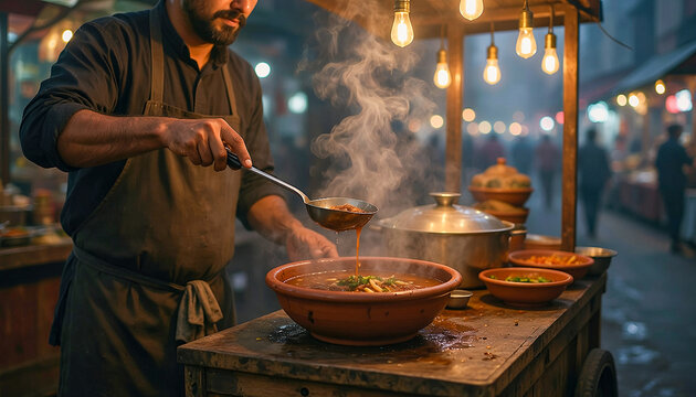 Authentic Pakistani Street Food Vendor Serving Hot Nihari in Clay Bowl at Night Market