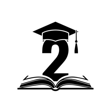 A graduation cap sits atop a large number two over an open book