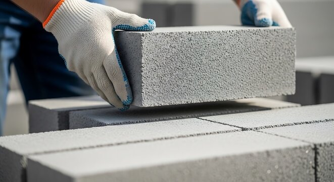 Construction worker placing a grey aerated concrete block on a building site
