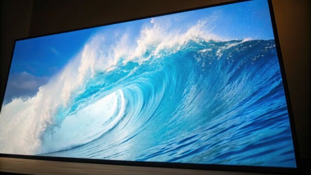A large, vibrant TV screen displays a realistic ocean wave crashing with blue water and white foam under a clear sky.