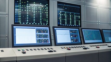 Fototapeta premium Control room with multiple digital screens displaying data, charts, and system statuses in a modern industrial or technological environment.