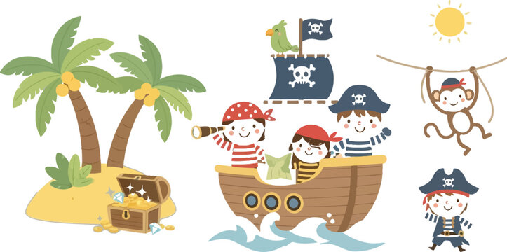 Cartoon pirate crew sailing on a small ship Vector