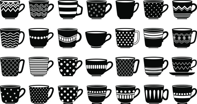 Coffee Cup and Tea Mug Icon Set, Decorative Black and White Ceramic Cups with Various Patterns, Vector Kitchenware Illustration