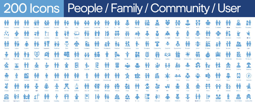People, huge set of 200 solid icons featuring family community population group and user symbols, mega collection vector illustration design.