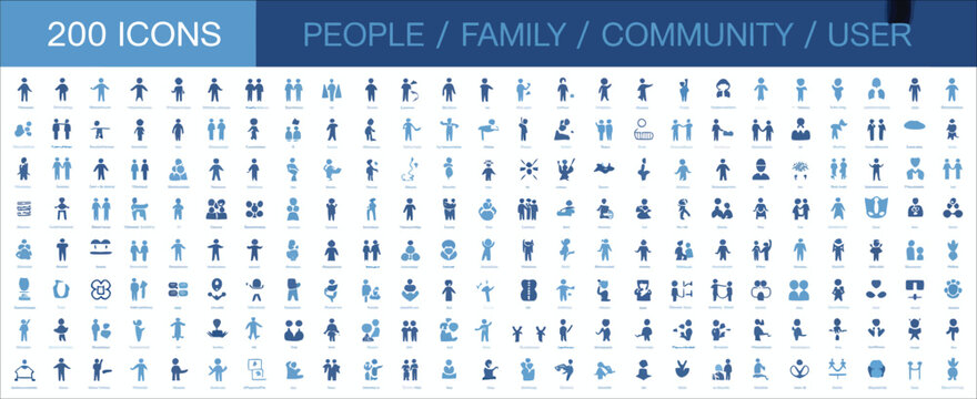 People, huge set of 200 solid icons featuring family community population group and user symbols, mega collection vector illustration design.