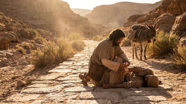 Good Samaritan helping injured man on ancient desert road with donkey nearby.
