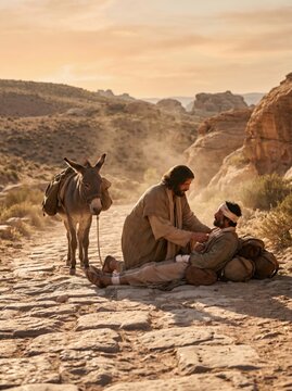 Good Samaritan helping injured man on dusty desert road with donkey nearby.