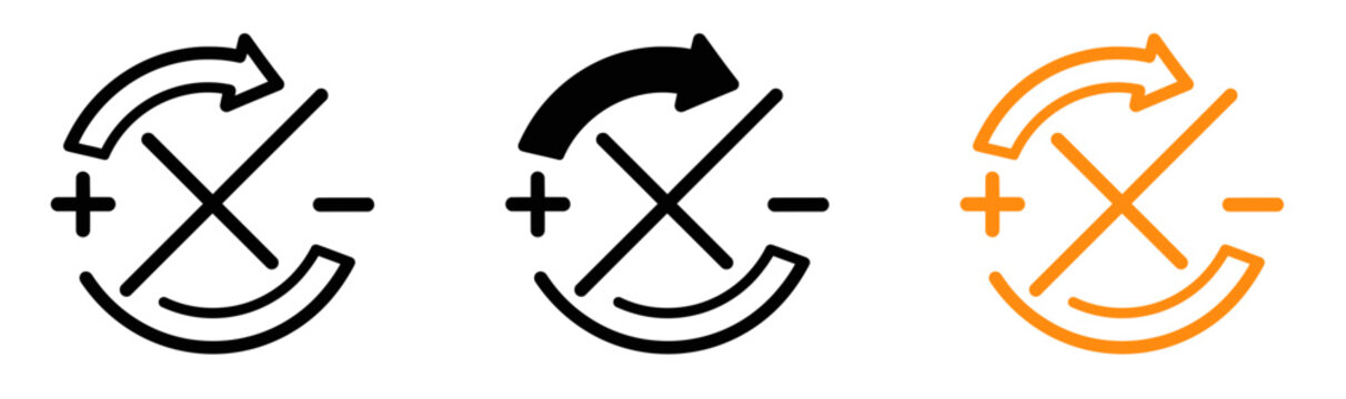 Three variations of a circular arrow cross symbol with plus and minus signs