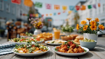 Fototapeta premium Brightly colored flags flutter above a festive outdoor table. Plates hold fresh salads with herbs