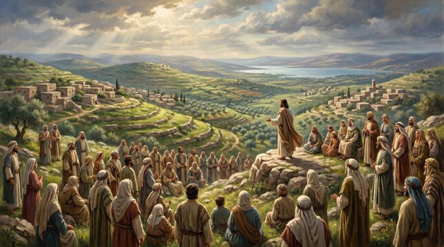 Jesus Christ delivering the Sermon on the Mount to a large crowd in ancient Galilee.