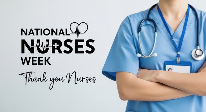 National Nurses Week banner with medical professional in blue scrubs, healthcare worker with stethoscope, thank you nurses appreciation message