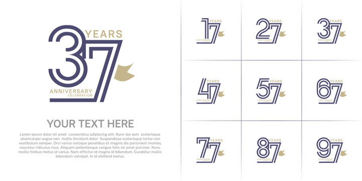 Anniversary logo style double line number set with ribbon. purple color on white background for celebration event